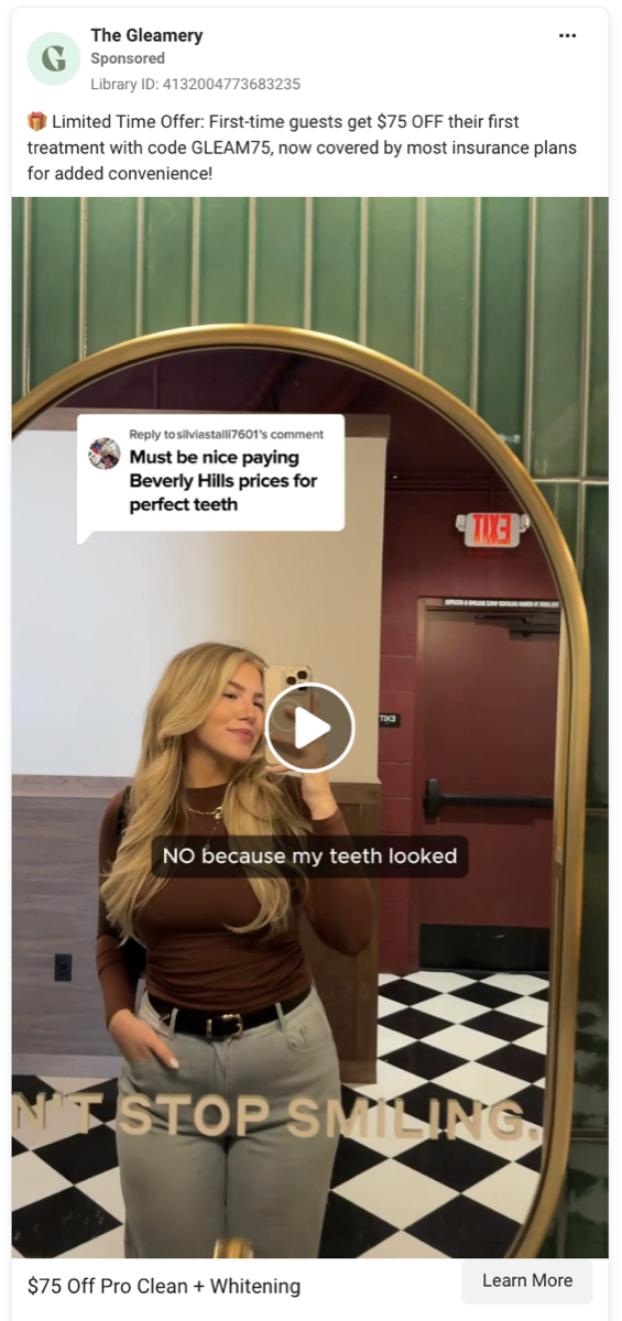 The Gleamery Meta ad — $75 off pro clean + whitening